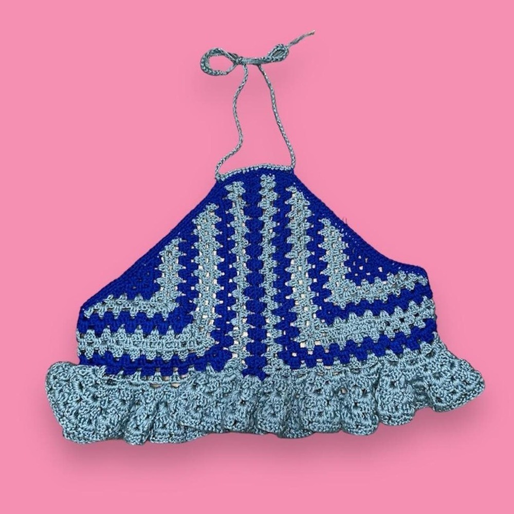 Handmade Mermaidcore Crochet Acrylic Knit Halter Tie Cropped Ruffle Top Size M